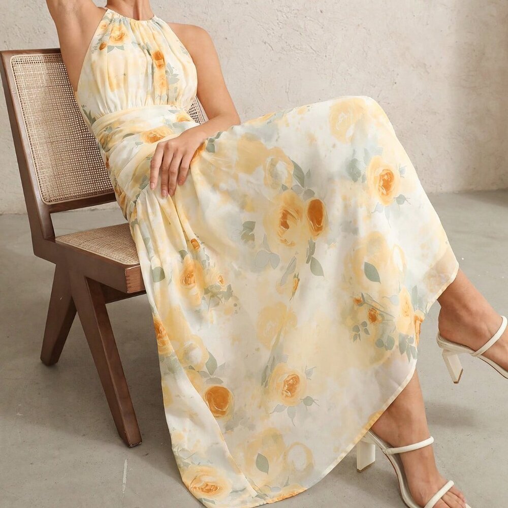 Multicolor Boho Women's Floral Draped Asymmetric Sleeveless Dress - Picture 4 of 7